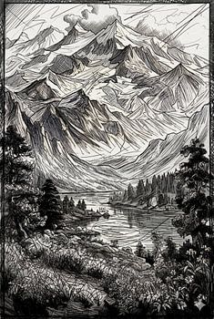 Serene Mountain Lake Landscape Sketch