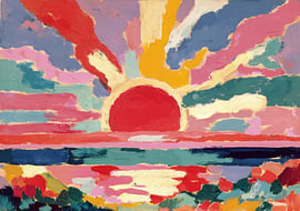 Buntes Sonnenuntergangs-Gemälde am Meer mit roter Sonne von Niklas Maximilian