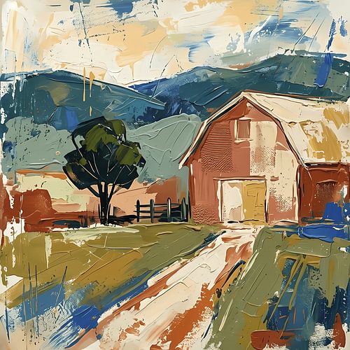 La grange rouge sur le chemin de campagne