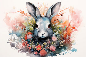 Aquarell eines mythischen Kaninchens mit gemalten Frühlingsblum