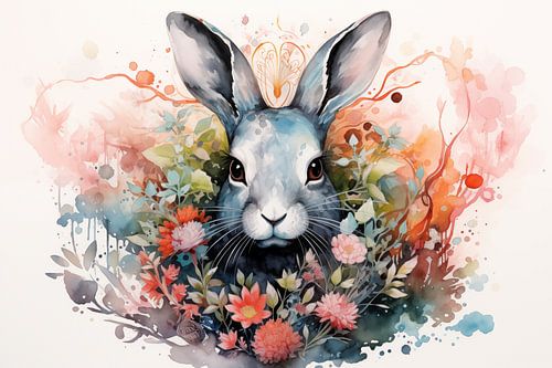 Aquarelle d'un lapin mythique avec des fleurs de printemps peintes