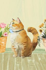 Cute Cat with Flowers Cozy Illustration by Berwies