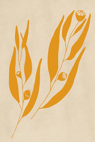 Art botanique moderne. Rameau d'eucalyptus en jaune sur beige