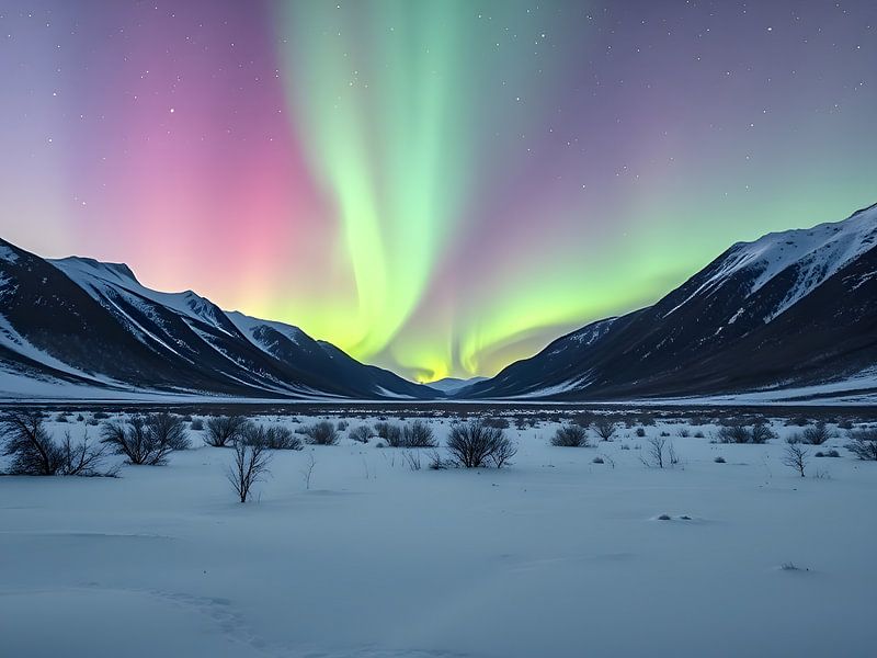 Magical northern lights over snow-covered mountains by ButterflyPix