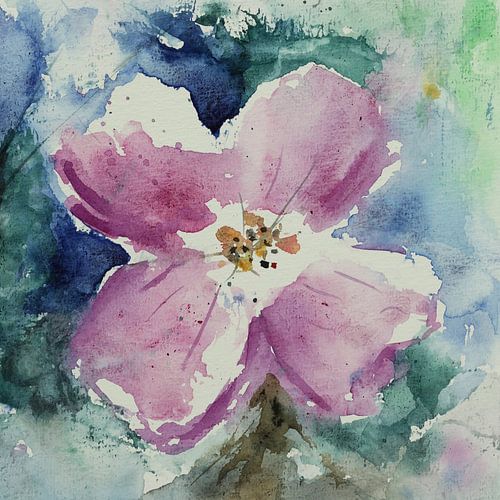 Loosely painted pink flower (watercolour painting abstract square close up handmade pastel colour)