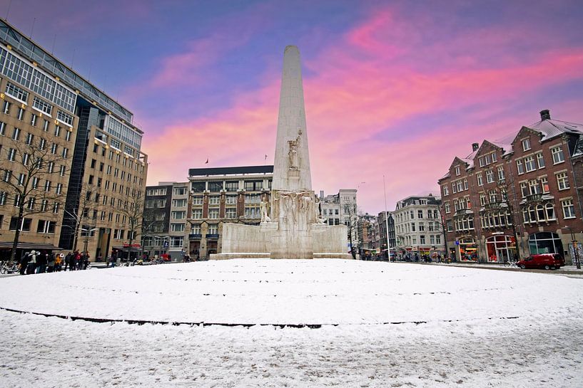 Snowy Damsquare in Amsterdam the Netherlands at sunset by Eye on You
