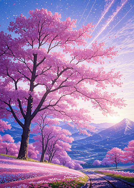 Sunset Mountain Cherry Blossom Sakura (fleurs de cerisier) par Ruzerin
