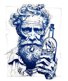 Marin tenant une bouteille contenant une petite maquette de bateau sur ArtMomente