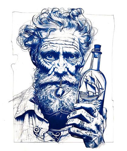 Zeeman die een fles vasthoudt met daarin een klein model van een schip