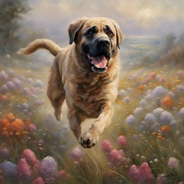 Spaanse Mastiff spelend in een bloemenveld van Johanna's Art