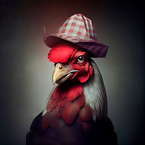 Stately portrait of a Rooster with hat. Part 7