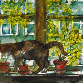 Joep de lapjes kat. Handgeschilderde aquarel. van Ineke de Rijk