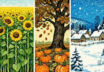Three vertical panels in a single row illustrating the passage of the seasons by Artkreator