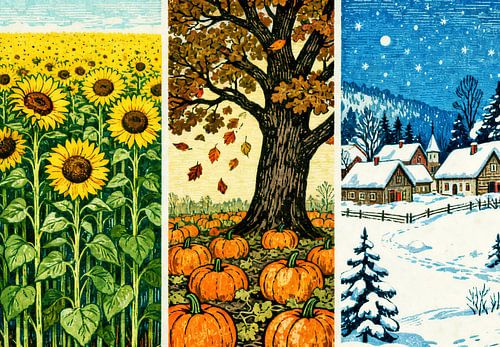 Trois panneaux verticaux disposés en une seule rangée illustrant le passage des saisons