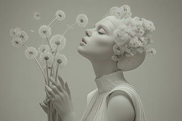 surrealist woman with flowers dandelions