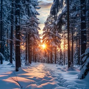 Skandinavischer verschneiter Wald bei Sonnenaufgang
