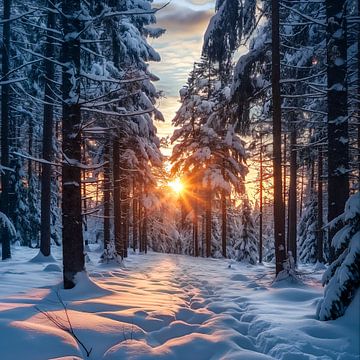 Scandinavian snowy forest at sunrise by Roger VDB