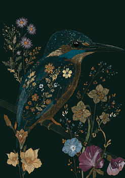 Martin-pêcheur avec des fleurs