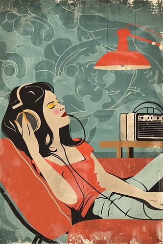 Vrouw luistert naar muziek in vintage stijl