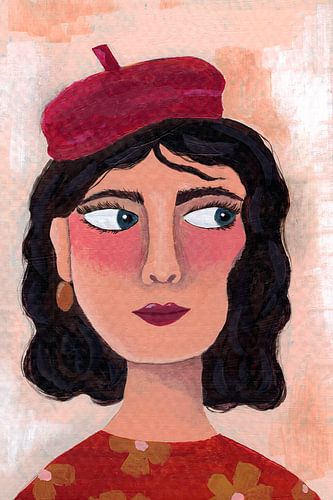 Kleurrijk modern portret van vrouw met baret van Tamara Houtveen