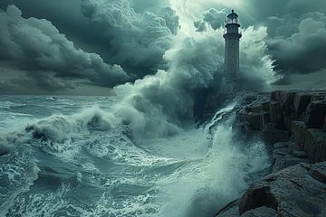 Mer du Nord Scène dramatique avec un phare et des nuages de tempête sur Felix Brönnimann