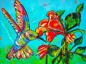 Kolibrie met rode bloem van Happy Paintings