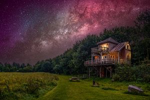 Scène de nuit d'une cabane dans un arbre sur fond de ciel nocturne de la Voie lactée.