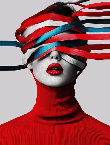 Portretkunst met surrealistisch lint - Moderne minimalistische vrouw in rood en blauw