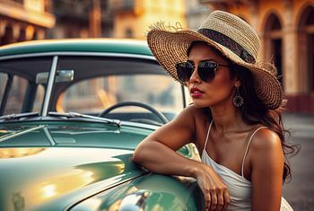 Gut aussehende Frau lehnt an einem Oldtimer in Kuba