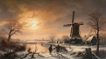 Dutch winter landscape painting with windmill