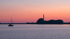 Aerial view of the IJsselmeer with the Woudagemaal near Lemmer at sunset by Eye on You