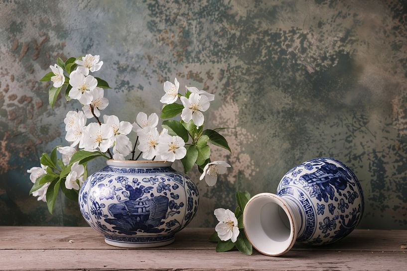 White blossom in blue vases by Imperial Art House