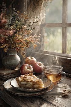 Appeltaart met Bloemenvaas en Thee - Rustiek Herfst Stilleven