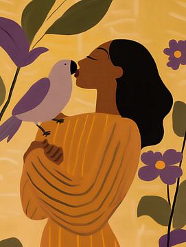 Geef een kus | Gouden vrouw kust paarse papegaai van Frank Daske | Foto & Design