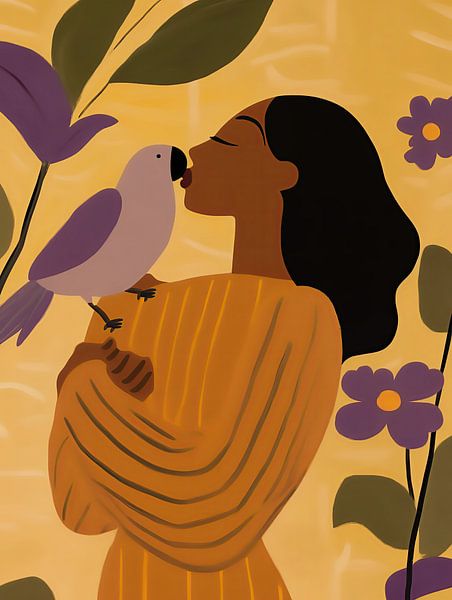 Geef een kus | Gouden vrouw kust paarse papegaai van Frank Daske | Foto & Design