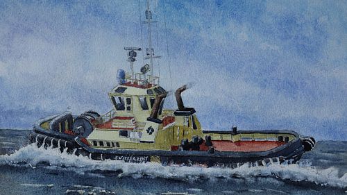 Watercolour painting of a tugboat