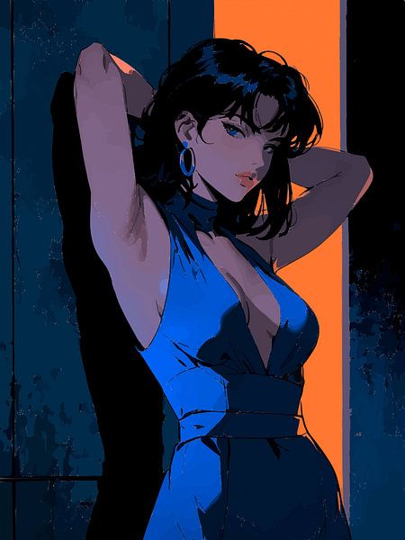 Retro Anime Girl Muurkunst - Elegant Neon Noir Portret van Rizal Azhari