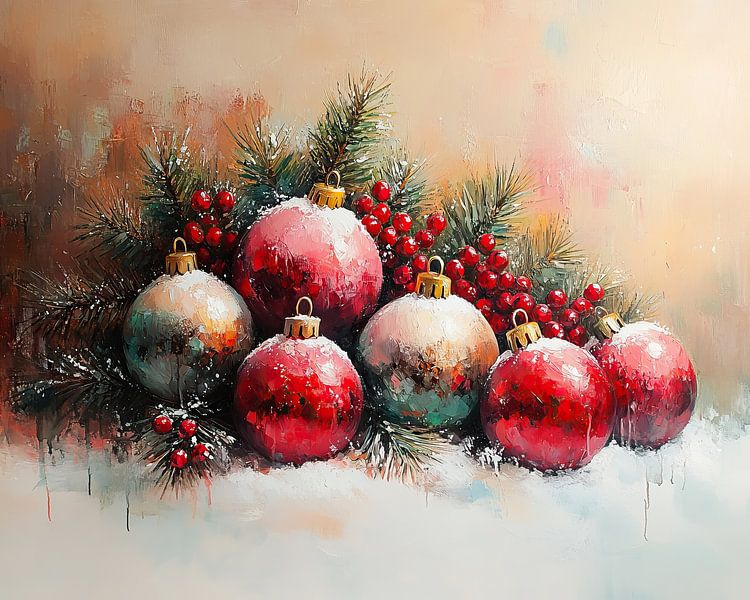 Weihnachtsatmosphäre | Festliche Weihnachtskugeln und Grünzeug von Kunst Laune