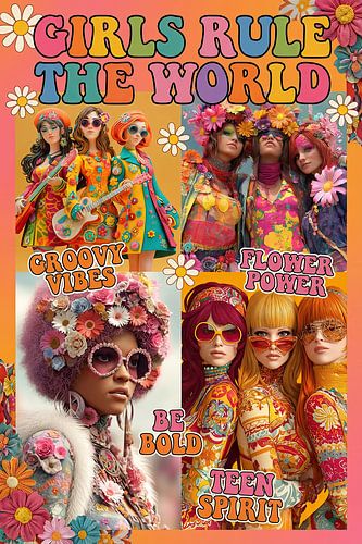 Flowerpower generatie vrouw met bloemen poster