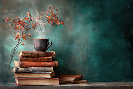 Bücher und Kaffee – Ruhiges, grünes Stillleben von Joriali Fine Art