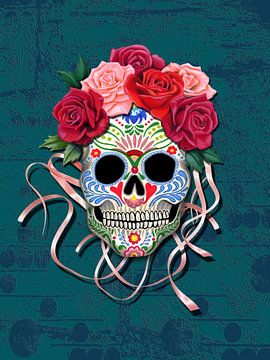 Crâne de sucre mexicain avec roses sur Colette van der Wal