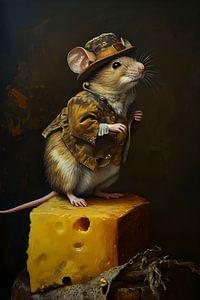 Maus mit Hut, die auf einem Stück Käse steht