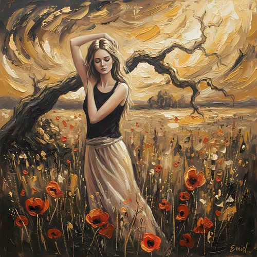 Vrouw tussen de klaprozen met dorre tak op de achtergrond