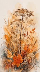 Wilde Herbstgräser und Riesen-Bärenklau in warmen Farbtönen