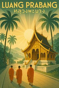 Luang Prabang Vintage Travel Poster - Buddhistische Mönche & Goldener Tempel Kunst