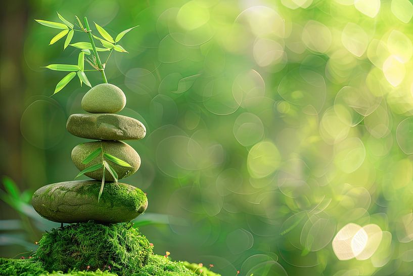 Zen-Balance - Pierre sur mousse avec bambou par Poster Art Shop