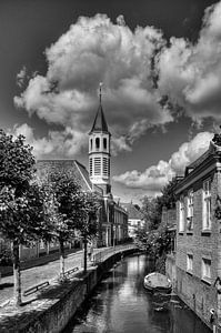 Elleboogkerk and Langegracht historic Amersfoort in black and white