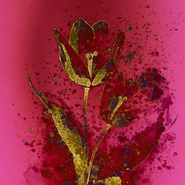 Modern bloem schilderij: Fuchsia/Rood met gouden Tulp van Studio Pieternel