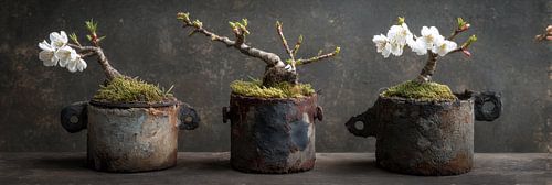 Bonsai’s in roestige gietijzeren potten panorama