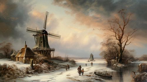 Hollands winterlandschap schilderij met molen